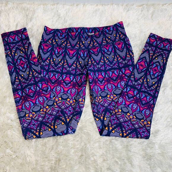 Tribal Floral Bright Leggings Sz Small Blue Pink Purple - Picture 5 of 5